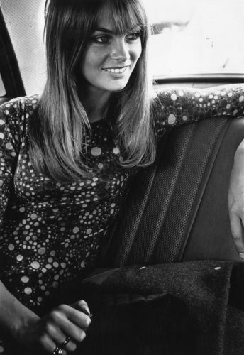 Jean Shrimpton, a top 1960's model, in the back of a car. (Photo by Meagher/Getty Images)