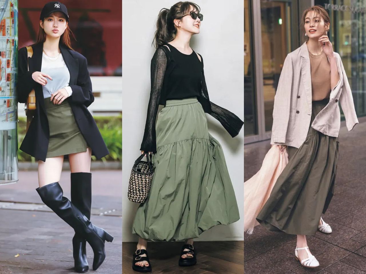 カーキスカートコーデ10選】定番カラーやワントーンなど「失敗しない色  