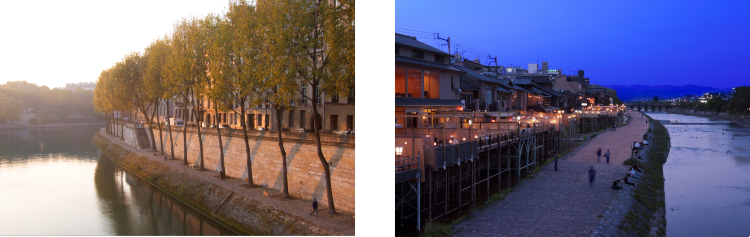 左の写真 パリ、右の写真 京都
