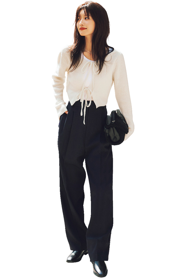 RESSEXY カーデ付きニットワンピ『短丈リブカーデは、前はデザイン違いの飾りボタン、後ろはリボン結びで360°かわいい！』