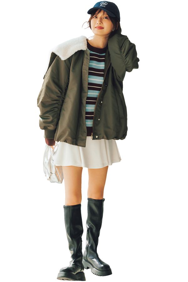 CADUNÉ MA-1風ボアカラーブルゾン『ほわほわ感が文句なくかわいい白ボアや、ほんのり丸みを帯びたフォルムなど、もともとメンズライクな印象のアウターの中に、フェミニンな表情が見え隠れ♡』