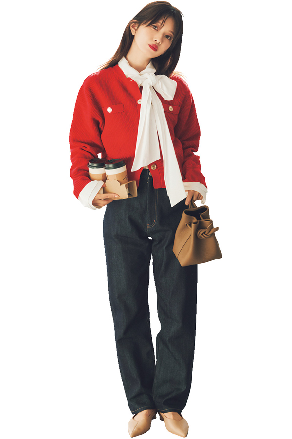 JUSGLITTY シャツレイヤード風カーディガン『ブルーシャツを重ねたように見えるカーデ。シャツの襟元と裾は、ボタンで取り外し可能。』