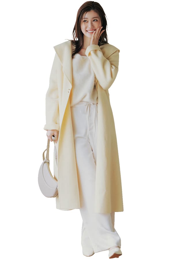 まろやかワントーン『「顔映りがよさそうだから」と、プロポーズの予感がするデートには、白ベースのワントーンコーデを選んだというリアルボイスも◯多。色の印象が甘い分、着こなしはシンプルめが好バランス。』