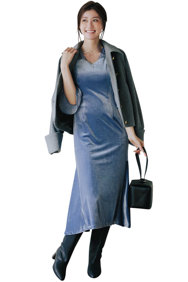 つやっぽ素材『夜のシチュエーションも多い、プロポーズの予感がする日のコーデに、光沢素材が放つきらめきが映える! 重たい印象になりがちな冬コーデが、軽やかに仕上がるのも◎。』