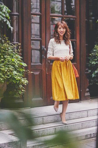 堀田茜, スカート, コーディネート, マスタード, 秋, ファッション, コーデ, 