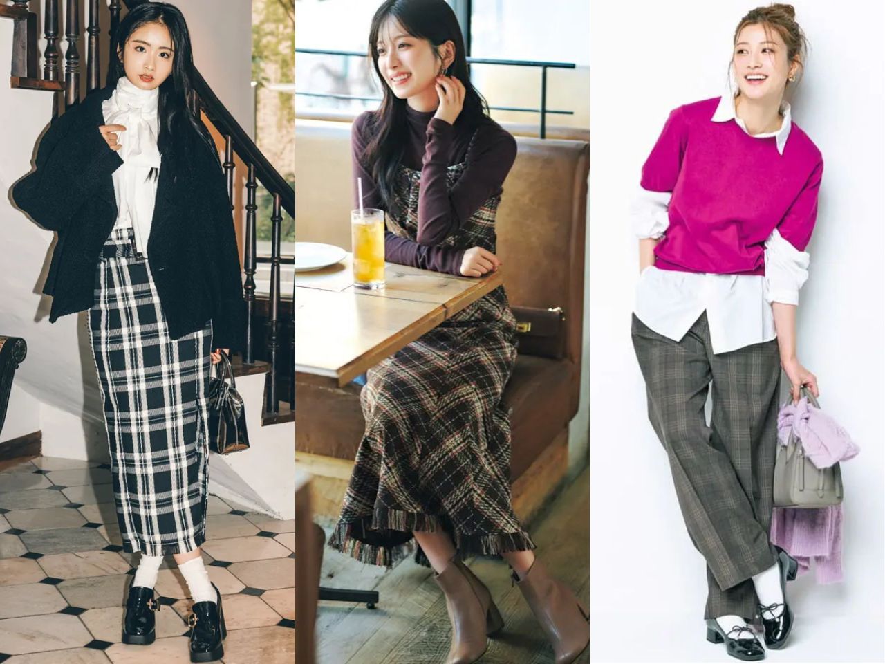 チェック柄のアイテムを合わせるレディースコーデ
