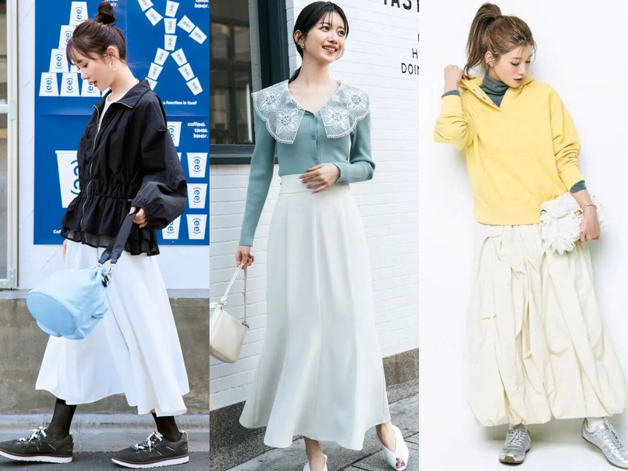 白ロングスカートのトレンドコーデ
