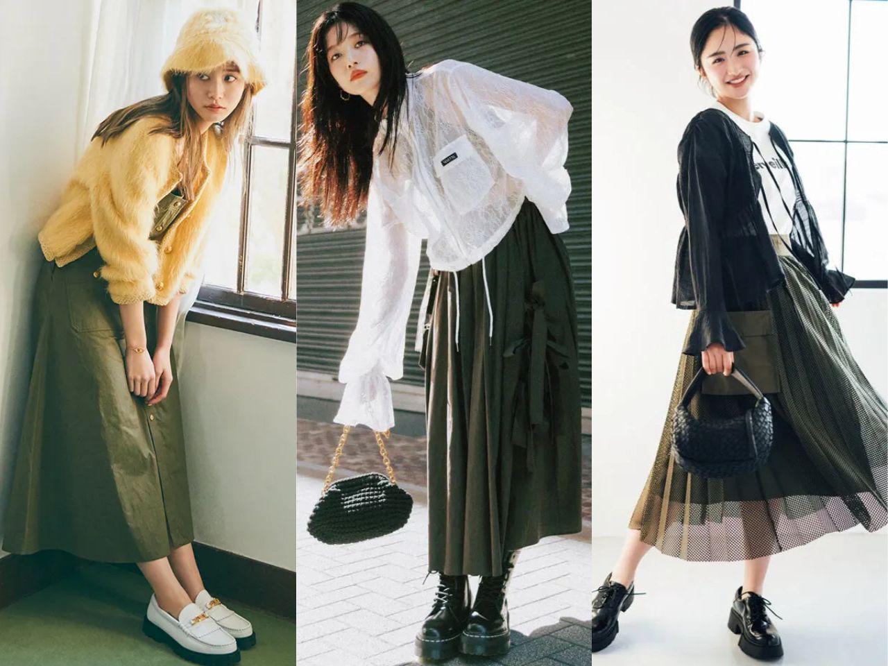 カーキスカートコーデ