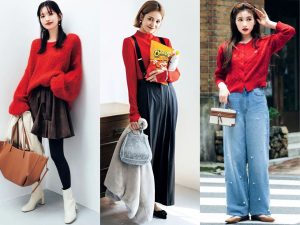赤ニットコーデ16選】ボトムや色の合わせ方を解説｜オフィス