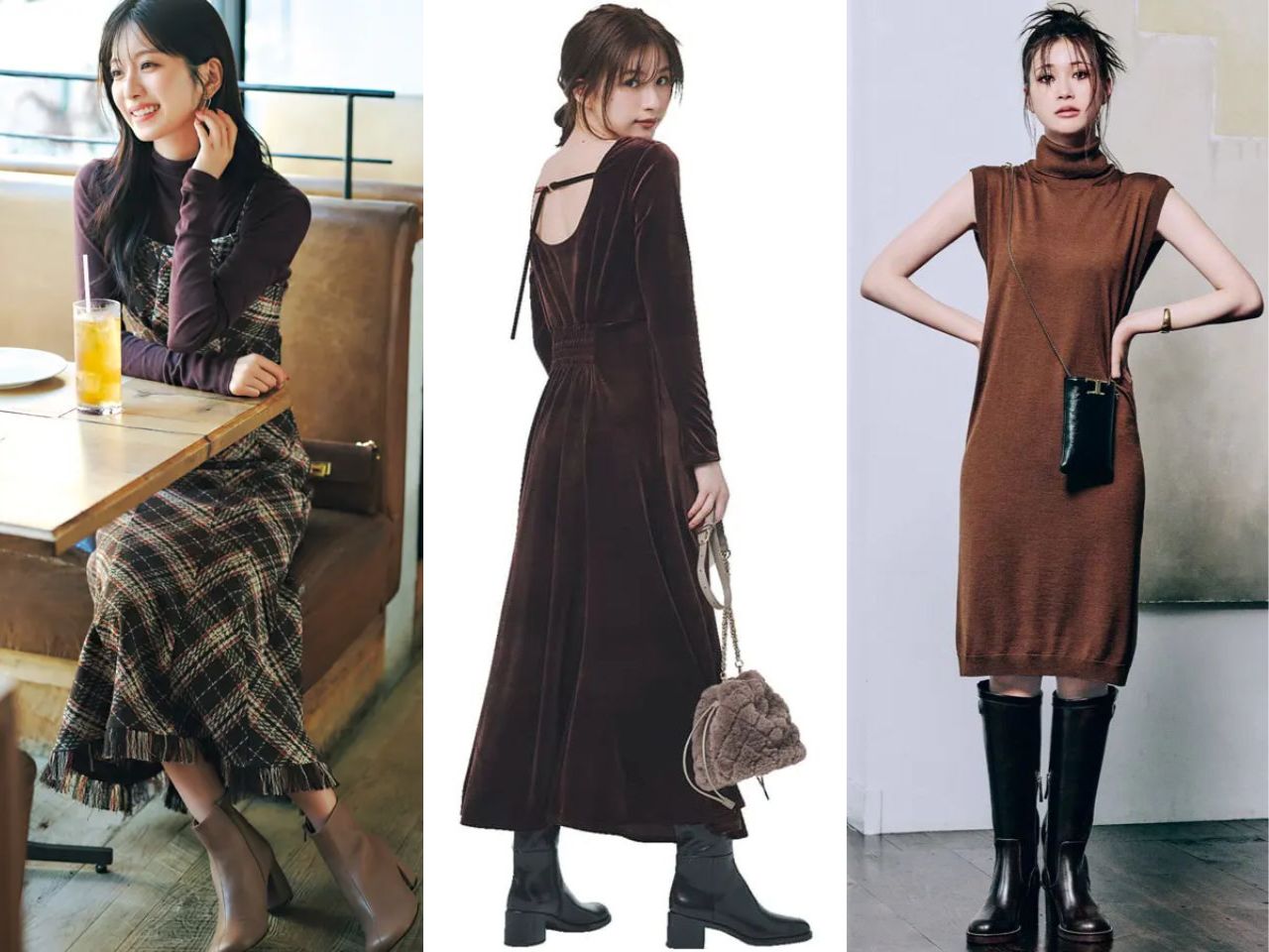 茶色ワンピースコーデ