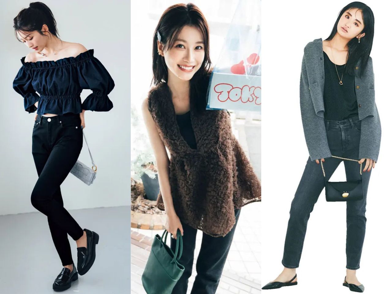 黒スキニーパンツのレディースコーデ