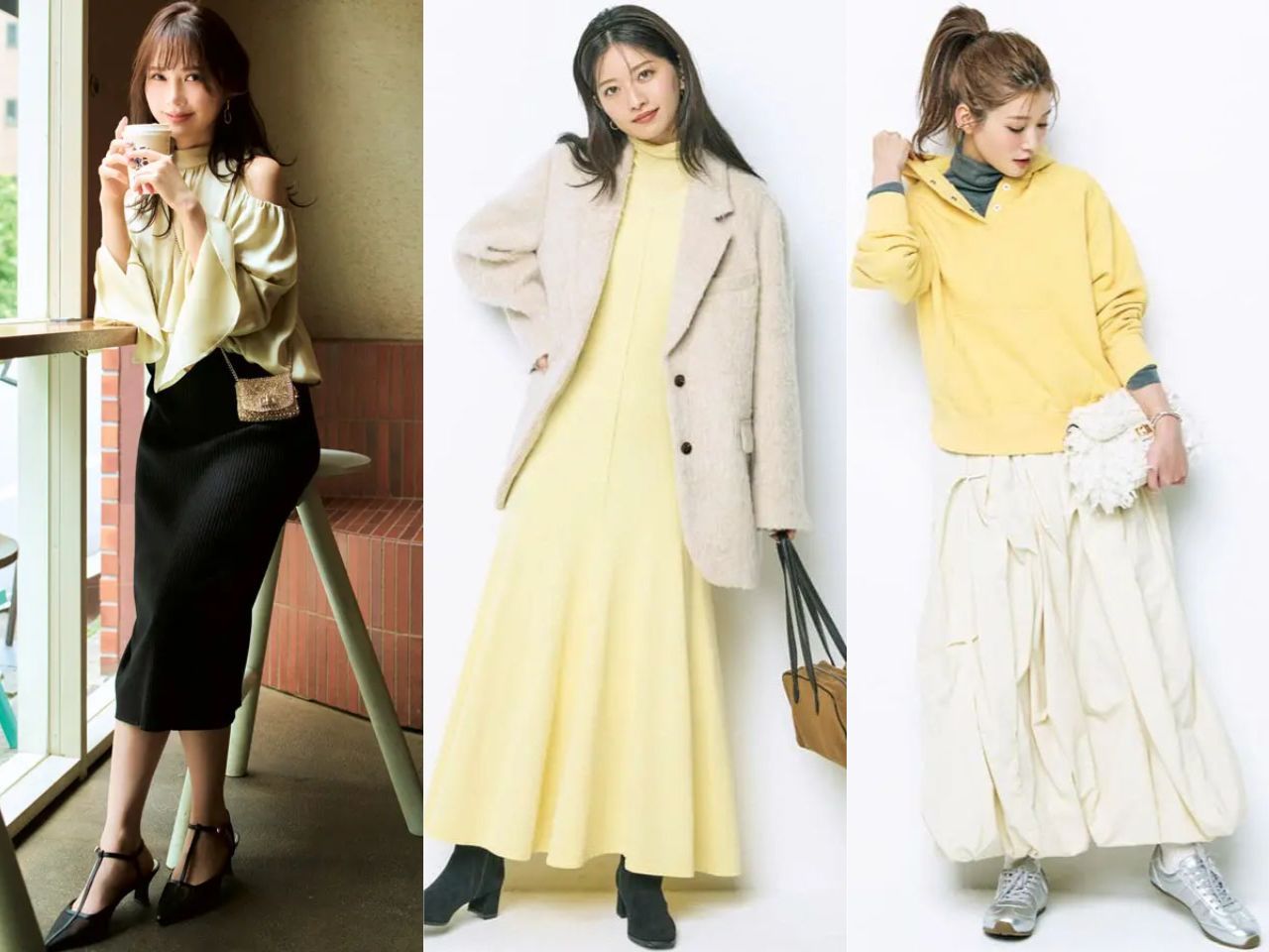 黄色トップスのトレンドコーデ