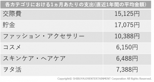 【表】お金の使い道 各カテゴリ金額