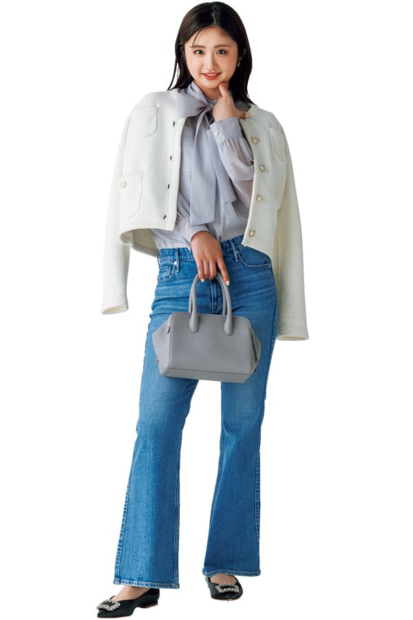 ツイードジャケット×フレアデニムコーデ